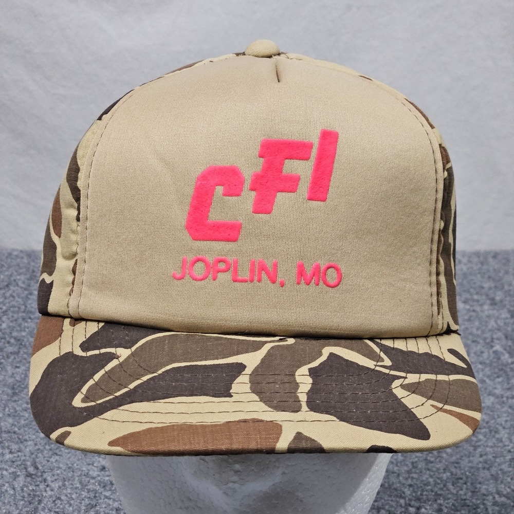 Vintage 80s Trucking Hat CFI Joplin Missouri Camo Tan Foam Cap Transportation